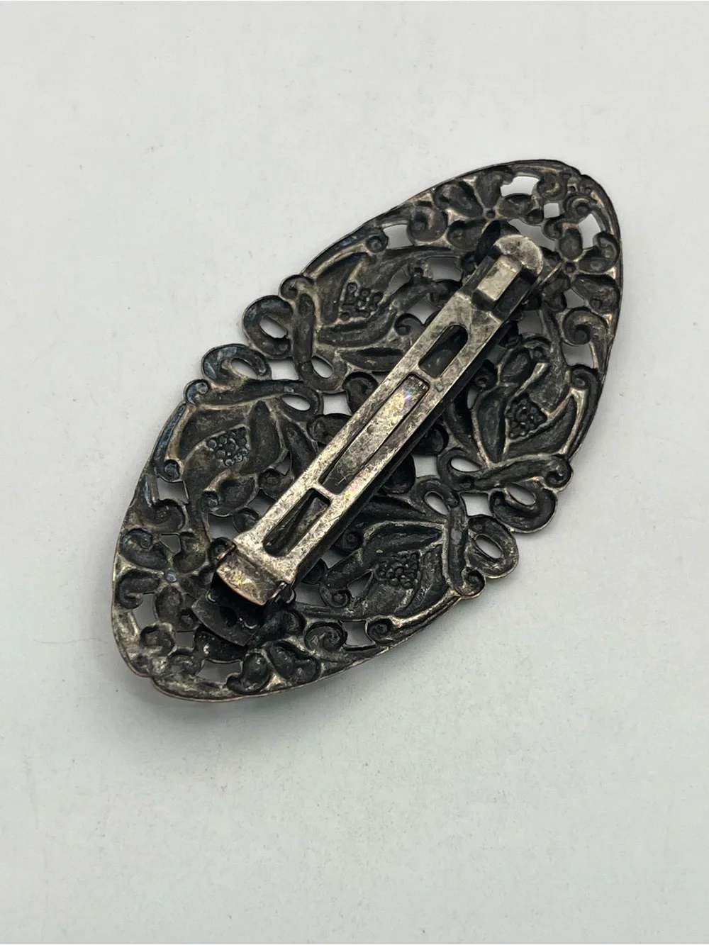 Art Nouveau style silver tone flower filigree oval hair clip barrette